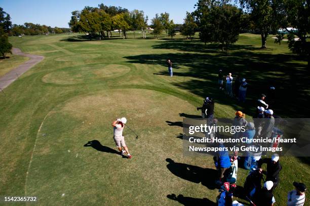 Golfer, Christina Kim, tees off on the first hole during the opening day practice round of the 2009 LPGA Tour Championship at The Houstonian Golf &...