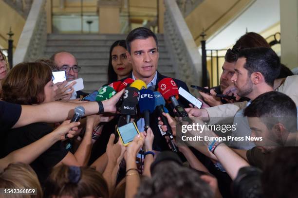 The secretary general of the PSOE, president of the government and candidate for reelection, Pedro Sanchez, makes statements to the media upon his...