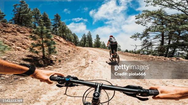 point of view pov mountain bike on the teide volcano in tenerife - tenerife stock pictures, royalty-free photos & images