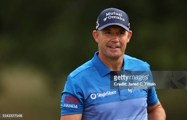 Padraig Harrington of Ireland looks on from the 17th green during Day Two of the Genesis Scottish Open at The Renaissance Club on July 14, 2023 in...