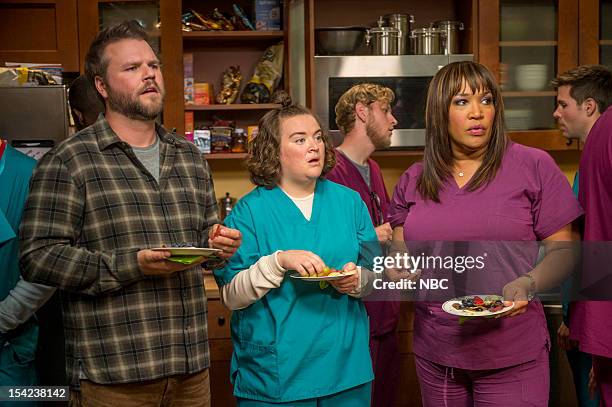 Ralphie" Episode 102 -- Pictured: Tyler Labine as Dr. Doug Jackson, Betsy Sodaro as Angela, Kym Whitley as Juanita --