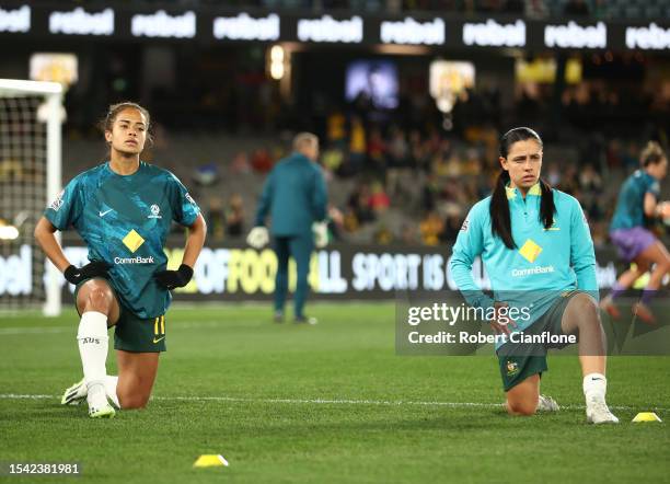 Mary Fowler and Alex Chidiac of the Matildas warm up prior to the International Friendly match between the Australia Matildas and France at Marvel...