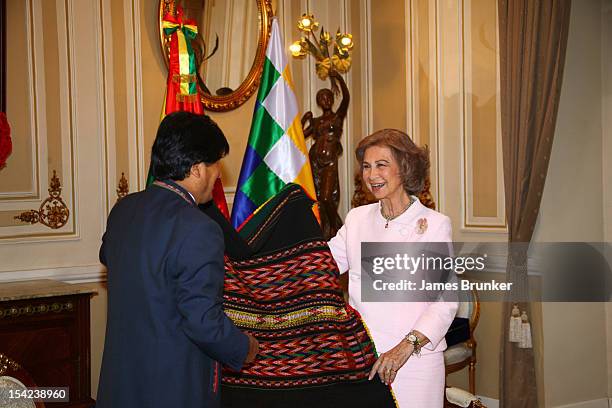 Bolivian President Evo Morales and Queen Sofia of Spain meet in the Governors Palace on October 16, 2012 in La Paz, Bolivia. Spanish and Bolivian...