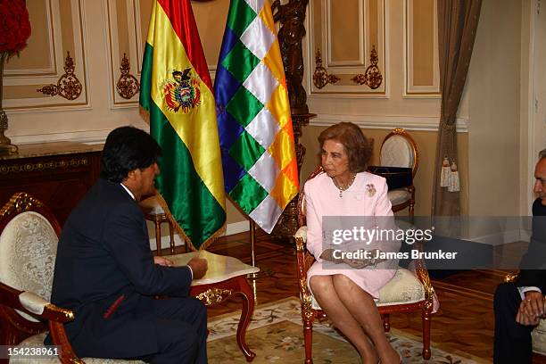 Bolivian President Evo Morales and Queen Sofia of Spain meet in the Governors Palace on October 16, 2012 in La Paz, Bolivia. Spanish and Bolivian...