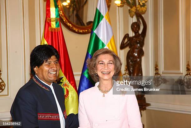 Bolivian President Evo Morales and Queen Sofia of Spain meet in the Governors Palace on October 16, 2012 in La Paz, Bolivia. Spanish and Bolivian...