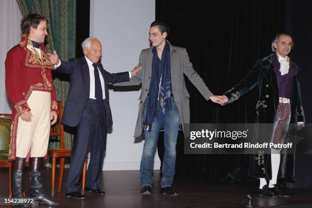 Maxime d'Aboville, Jean D'Ormesson, stage director Jean-Laurent Silvie and Alain Pochet attend 'La Conversation' by Jean D'Ormesson at Theatre...