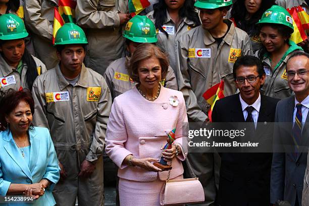 October 16: Queen Sofia of Spain meets students of the La Paz Art School during a visit to the National Art museum on October 16, 2012 in La Paz,...