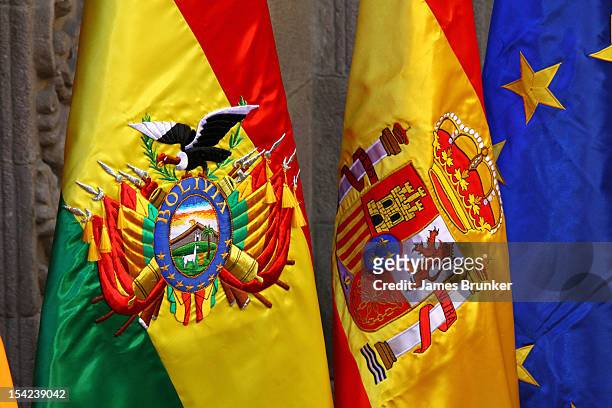 Detail of Bolivian and Spanish flags during an offical visit to the National Art museum on October 16, 2012 in La Paz, Bolivia. Queen Sofia is on a 4...