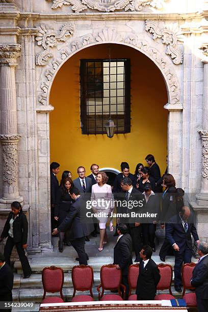 Queen Sofia during her visit to the National Art museum on October 16, 2012 in La Paz, Bolivia. Queen Sofia is on a 4 day visit to Bolivia, mainly to...