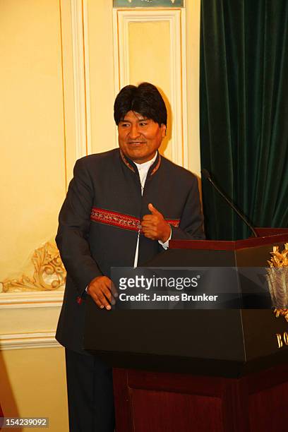 Bolivian President Evo Morales makes a speech to welcome Queen Sofia of Spain on October 16, 2012 in La Paz, Bolivia.