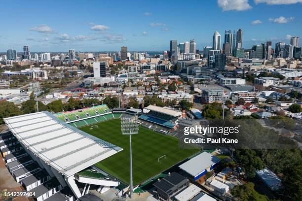 An aerial view of Perth Rectangular Stadium ahead of the FIFA World Cup Australia & New Zealand 2023 on July 14, 2023 in Perth, Australia.