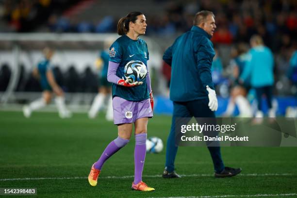 Matildas goalkeeper Lydia Williams wup the International Friendly match between the Australia Matildas and France at Marvel Stadium on July 14, 2023...