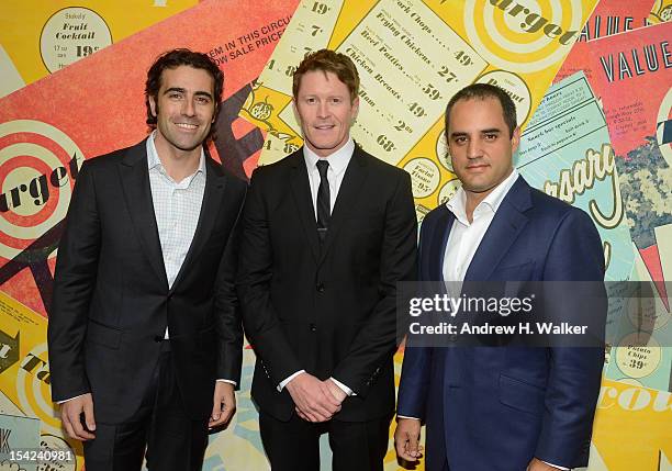 Race car drivers Dario Franchitti, Scott Dixon and Juan Pablo Montoya attend the celebration of Target's 50th Anniversary on October 16, 2012 in New...