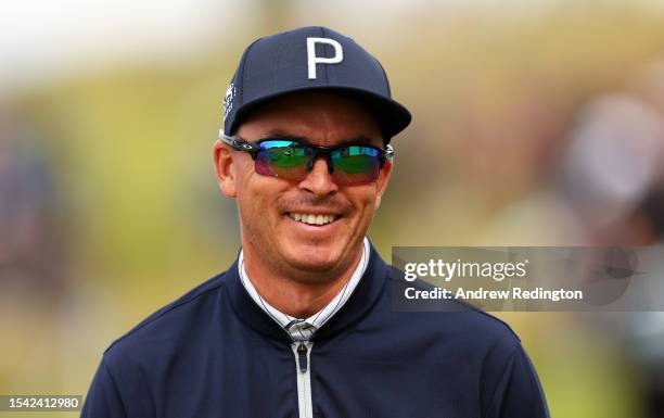 Rickie Fowler of the United States reacts as he walks to the 17th hole during Day Two of the Genesis Scottish Open at The Renaissance Club on July...