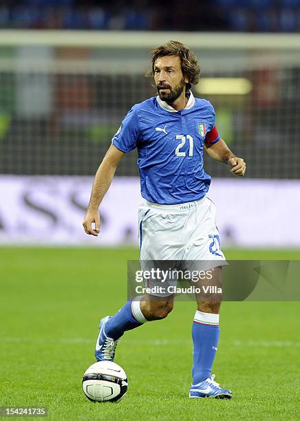 Andrea Pirlo of Italy in action during the FIFA 2014 World Cup Qualifier group B match between Italy and Denmark at Stadio Giuseppe Meazza on October...