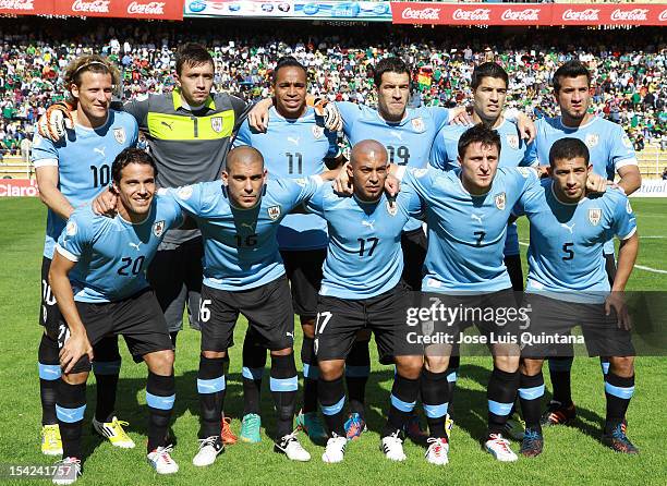 Players of Uruguay pose for a team photo prior to a match between Uruguay and Bolivia as part of the South American Qualifiers for the FIFA Brazil...