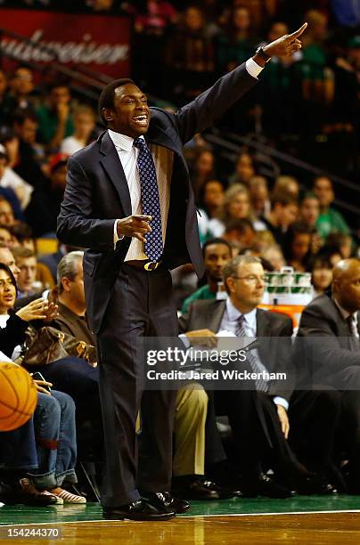 Head coach Avery Johnson of the Brookyln Nets yells to his team against the Boston Celtics during the preseason game on October 16, 2012 at TD Garden...