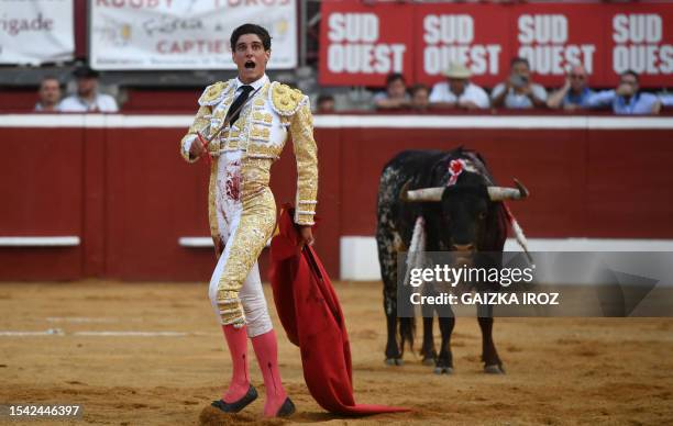 Graphic content / French matador Landais Yon Lamothe reacts as he fights a Garcigrande bull during the festival of La Madeleine at the Plumacon arena...