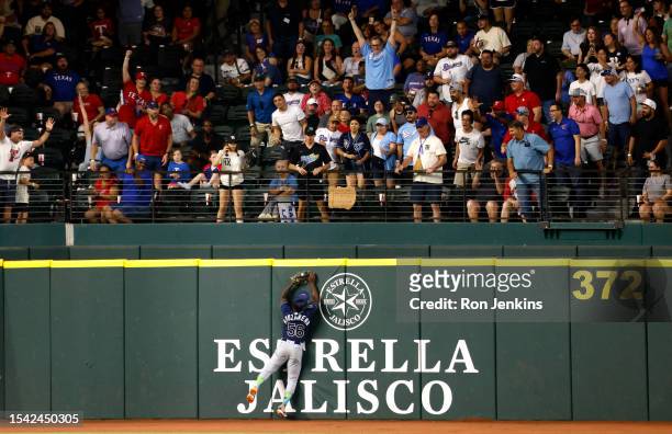 Randy Arozarena of the Tampa Bay Rays collides with the left field wall after catching a ball off the bat of Marcus Semien of the Texas Rangers...