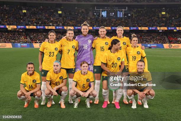 Matildas players pose for a team photograph during the International Friendly match between the Australia Matildas and France at Marvel Stadium on...