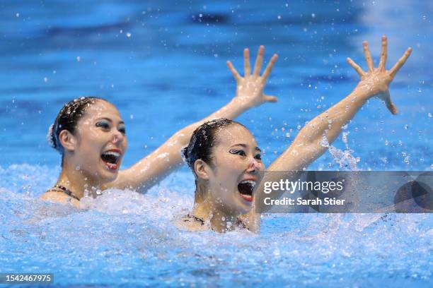 Moe Higa and Mashiro Yasunaga of Team Japan compete in the Artistic Swimming Women's Duet Technical Preliminaries on day one of the Fukuoka 2023...