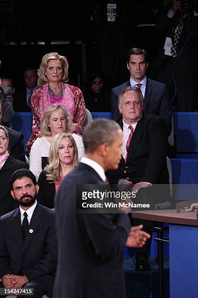 Ann Romney and son Matt Romney watch as U.S. President Barack Obama speaks during a town hall style debate with Republican presidential candidate...