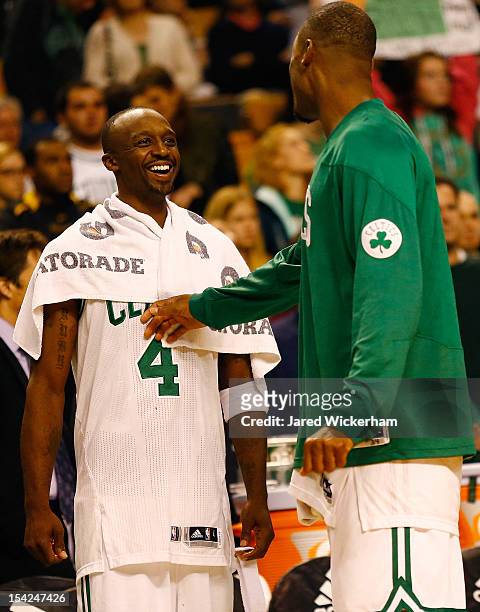 Jason Terry and Paul Pierce of the Boston Celtics share a laugh on the bench during the preseason game against the Brookyln Nets on October 16, 2012...