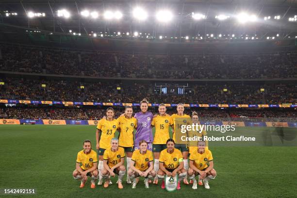 Matildas players pose for a team photograph during the International Friendly match between the Australia Matildas and France at Marvel Stadium on...