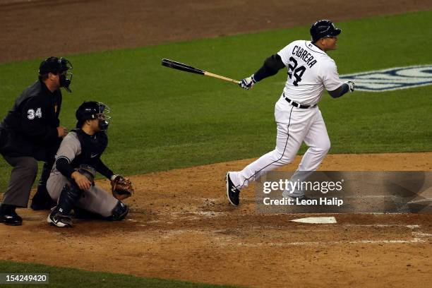 Miguel Cabrera of the Detroit Tigers hits a RBI double in the bottom of the fifth inning against the New York Yankees during game three of the...