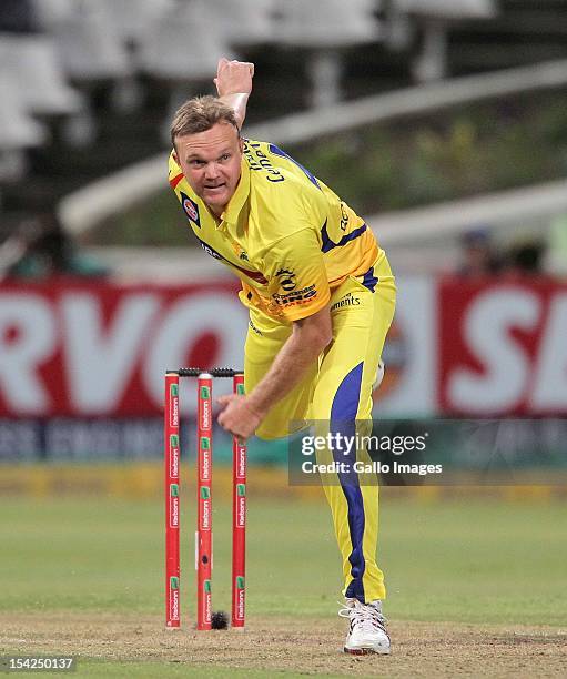 Doug Bollinger of the Chennai Super Kings bowls during the Karbonn Smart CLT20 match between Chennai Super Kings and Highveld Lions at Sahara Park...