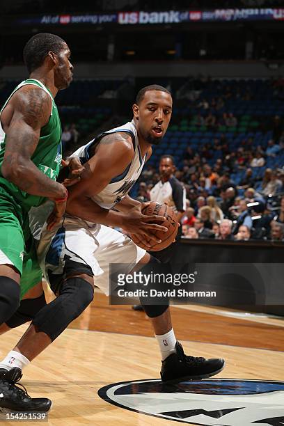 Derrick Williams of the Minnesota Timberwolves handles the ball against the Maccabi Haifa on October 16, 2012 at Target Center in Minneapolis,...