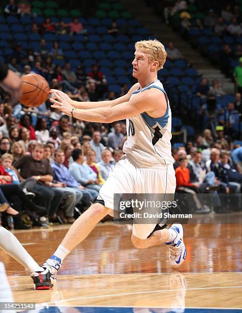 Chase Budinger of the Minnesota Timberwolves passes the ball against the Maccabi Haifa on October 16, 2012 at Target Center in Minneapolis,...