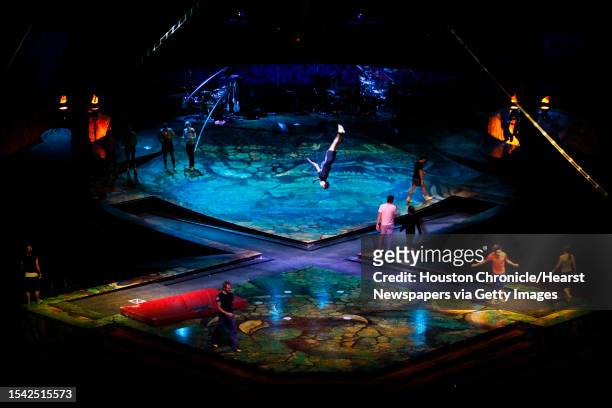 Performers practice the Power Track act for tonight's Cirque du Soleil performance of Alegría at the Toyota Center Wednesday, Nov. 10 in Houston....