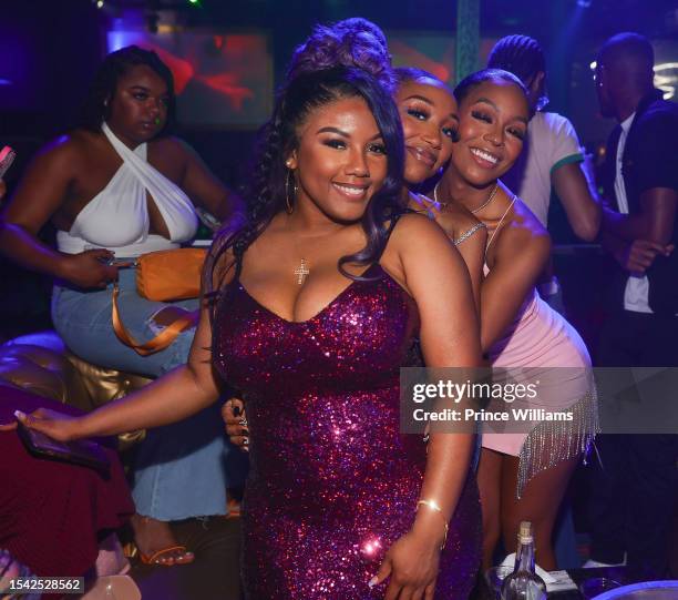 Breaunna Womack, Zonnique Pullins and Bahja Rodriguez of the Group OMG Girlz attend Tameka "Tiny" Harris Of Xscape Birthday Celebration on July 13,...