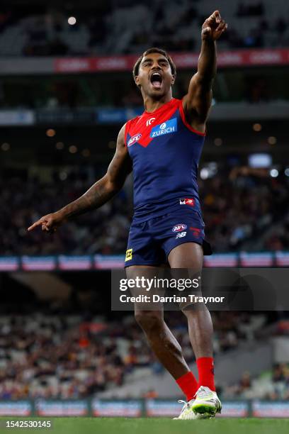 Kysaiah Pickett of the Demons celebrates a goal during the round 18 AFL match between Melbourne Demons and Brisbane Lions at Melbourne Cricket...