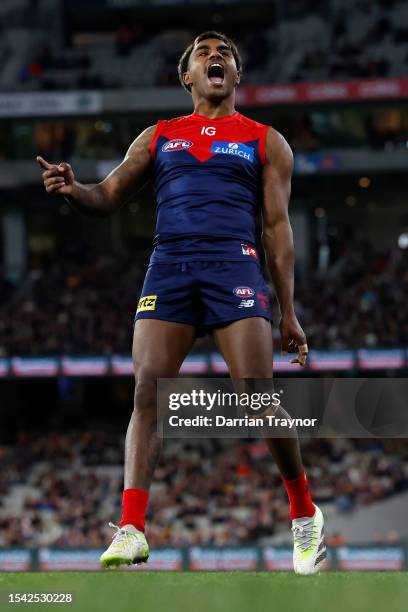 Kysaiah Pickett of the Demons celebrates a goal during the round 18 AFL match between Melbourne Demons and Brisbane Lions at Melbourne Cricket...