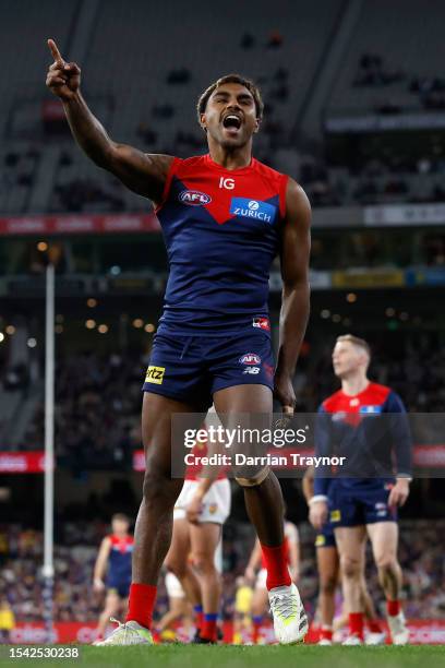 Kysaiah Pickett of the Demons celebrates a goal during the round 18 AFL match between Melbourne Demons and Brisbane Lions at Melbourne Cricket...