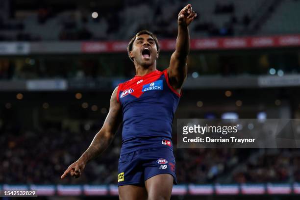 Kysaiah Pickett of the Demons celebrates a goal during the round 18 AFL match between Melbourne Demons and Brisbane Lions at Melbourne Cricket...