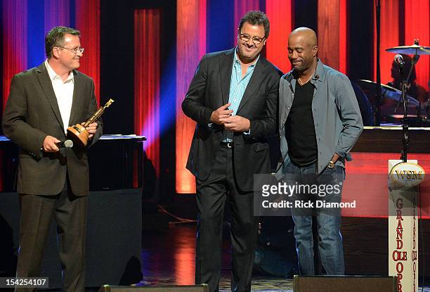 Pete Fisher GM/VP of the Grand Ole Opry, Opry Member Vince Gill and Newest member of the Grand Ole Opry Darius Rucker at Darius Rucker's induction...