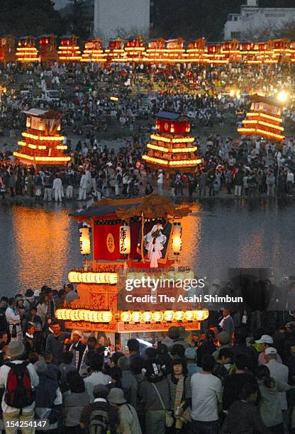 Floats called 'Danjiri' are arranged at the bank of Kamo River during the Saijo Matsuri on October 16, 2012 in Saijo, Ehime, Japan.