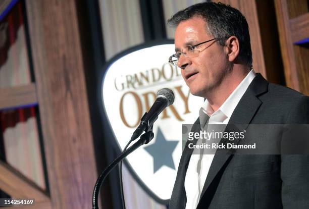 Pete Fisher CEO/GM of The Opry addresses the press before Darius Rucker's induction into The Grand Ole Opry on October 16, 2012 in Nashville,...