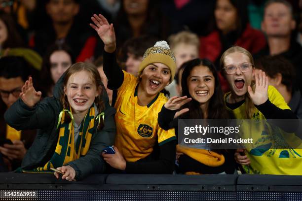 Fans show their support during the International Friendly match between the Australia Matildas and France at Marvel Stadium on July 14, 2023 in...