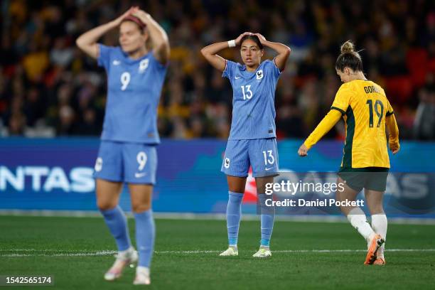 Selma Bacha of France looks dejected during the International Friendly match between the Australia Matildas and France at Marvel Stadium on July 14,...