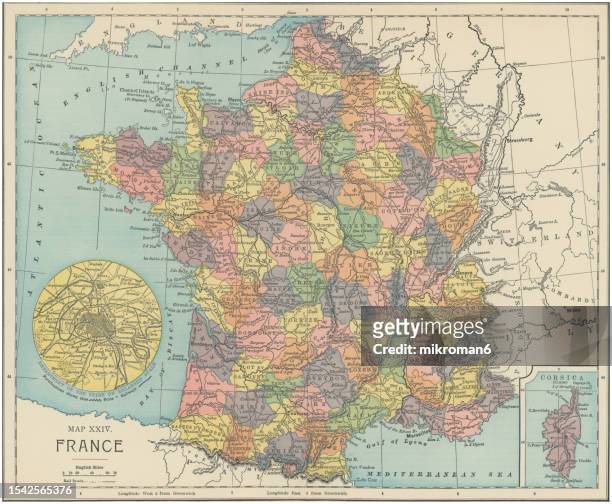 old chromolithograph map of france - french mediterranean island stock pictures, royalty-free photos & images