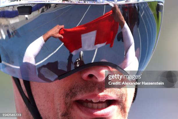 Marcel Hug of Switzerland celebrates after winning the Men's 1500m T54 Final during day seven of the Para Athletics World Championships Paris 2023 at...