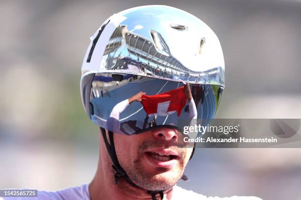 Marcel Hug of Switzerland celebrates after winning the Men's 1500m T54 Final during day seven of the Para Athletics World Championships Paris 2023 at...