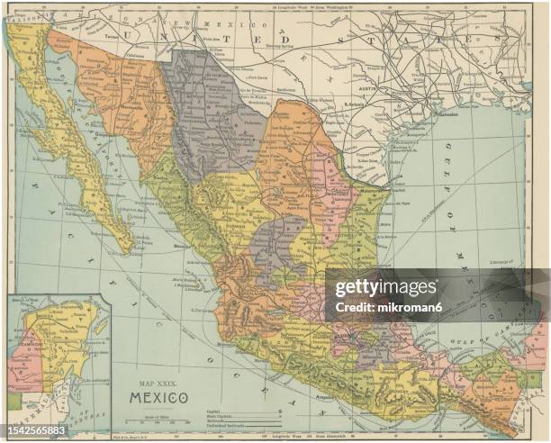 old chromolithograph map of mexico - mexico map stock pictures, royalty-free photos & images
