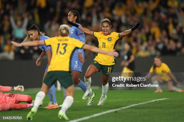 Mary Fowler of the Matildas celebrates scoring a goal during the International Friendly match between the Australia Matildas and France at Marvel...