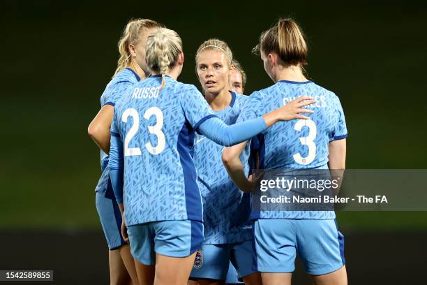 Rachel Daly of England talks with teammates during a friendly match between England and Canada at Sunshine Coast Stadium on July 14, 2023 in Sunshine...