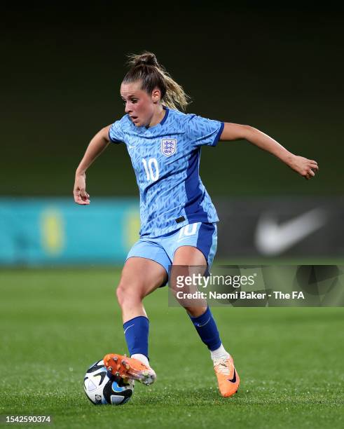 Ella Toone of England runs with the ball during a friendly match between England and Canada at Sunshine Coast Stadium on July 14, 2023 in Sunshine...